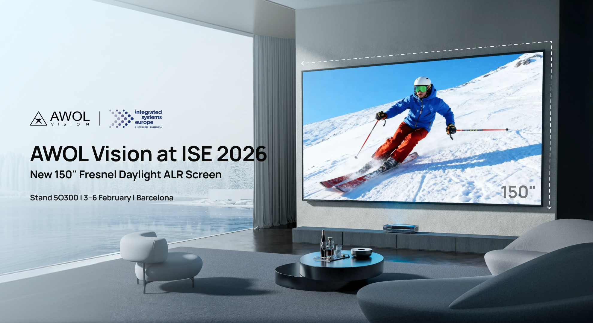 A graphic for AWOL Vision at ISE 2026 featuring the new 150-inch Fresnel Daylight ALR screen displaying a vivid skiing scene in a naturally lit room.