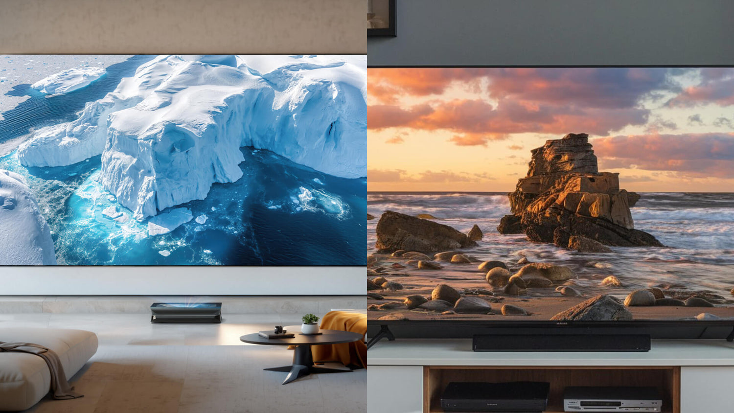 A side-by-side comparison of a 4K projector and a 4K TV in a modern living room.