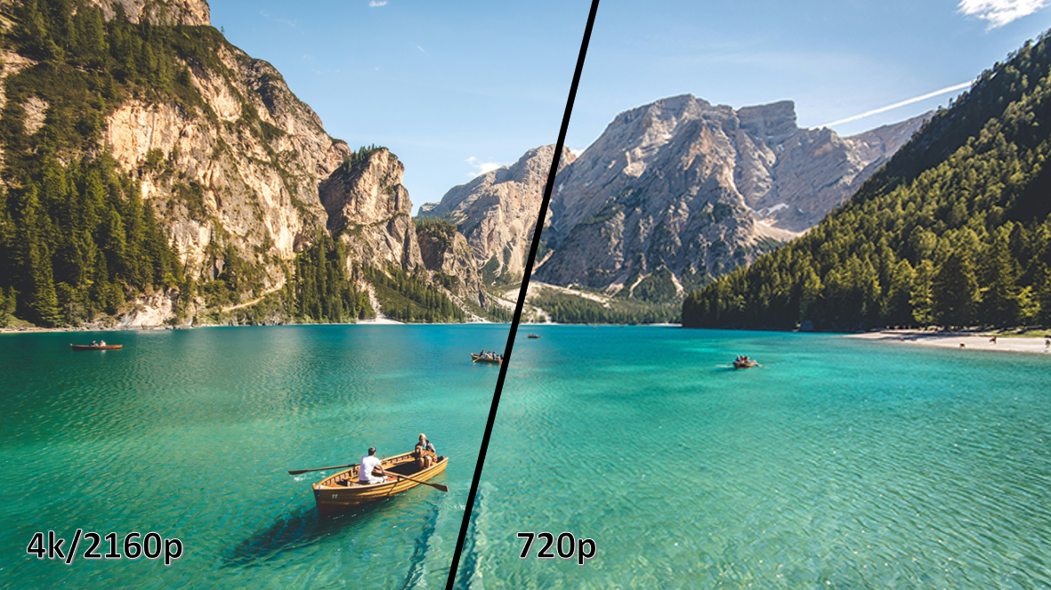 A comparison image of a scenic mountain lake, split diagonally to demonstrate the dramatic difference in clarity between the sharp 4K resolution side and the soft, blurry 720p resolution side.