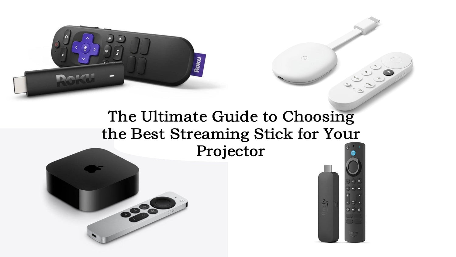 Roku, Google Chromecast, Apple TV, and Amazon Fire TV streaming sticks and remotes.