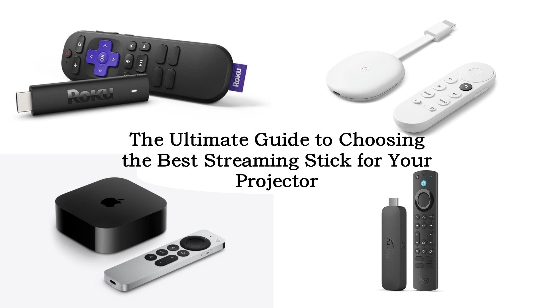 Roku, Google Chromecast, Apple TV, and Amazon Fire TV streaming sticks and remotes.