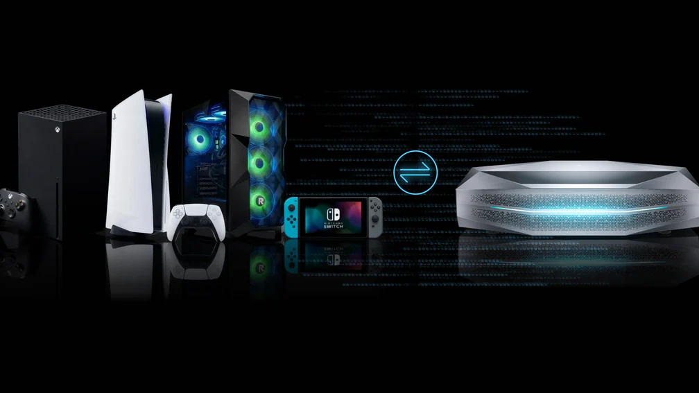 The Aetherion UST projector shown alongside Xbox Series X, PS5, gaming PC, and Nintendo Switch to illustrate its comprehensive connectivity and gaming readiness.