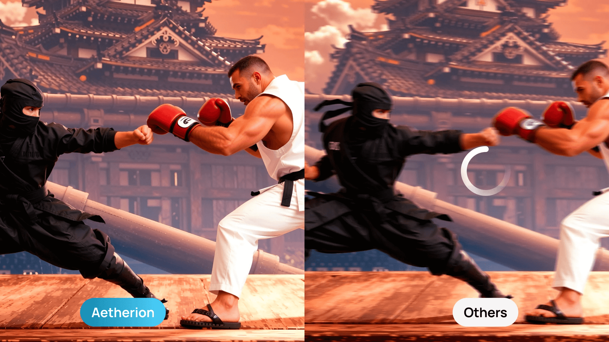 A split-screen comparison illustrating the sharp, instant response of the "Aetherion" projector with ALLM enabled on the left, contrasted with the blurry, lagging image and loading icon of "Others" on the right.