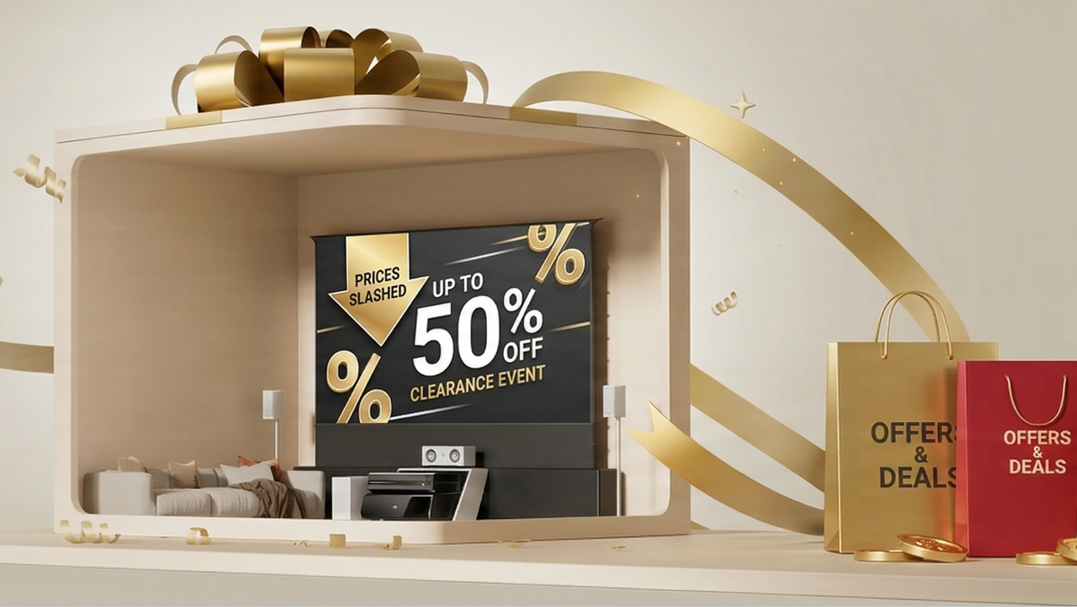 A stylized home theater setup inside a gift box showing a projector screen with a 50% off clearance sale announcement, illustrating the peak seasonal times to find discounts on home cinema equipment.
