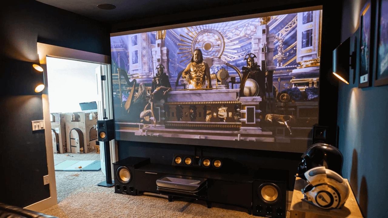 Dolby Atmos home cinema setup with surround sound system.