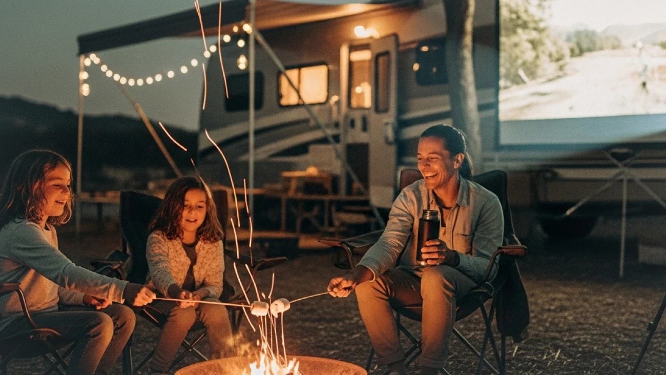 A family roasts marshmallows around a campfire next to an RV that has an outdoor movie screen set up for a camping cinema experience.