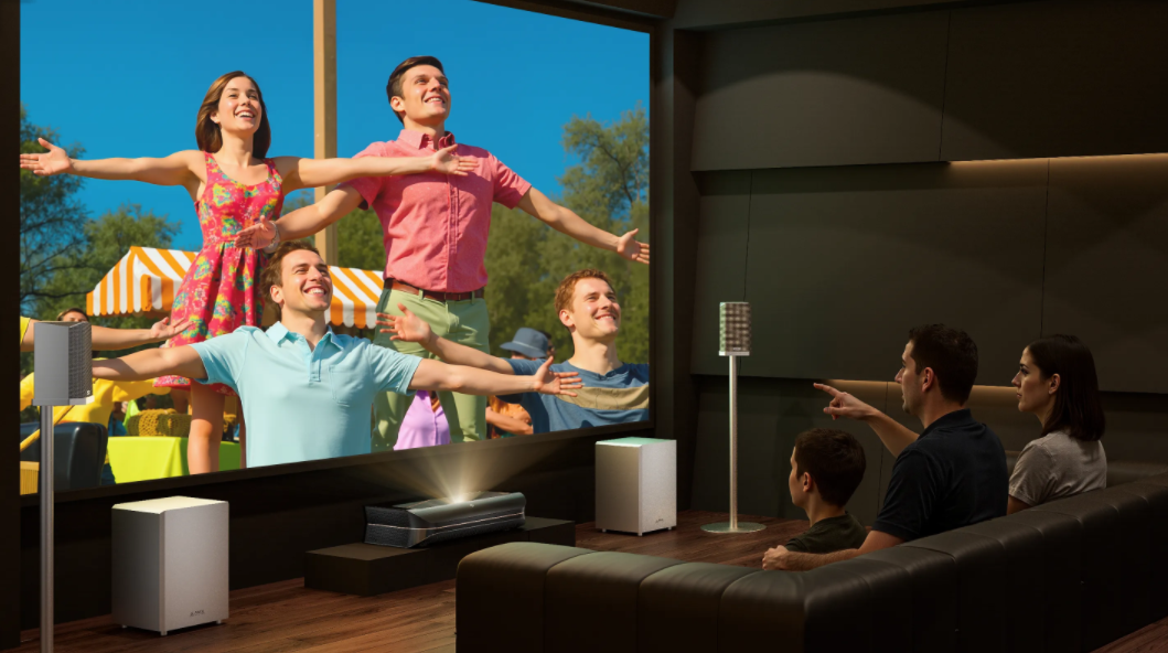 A family of four sits on a couch watching a vibrant movie on a large screen, with a UST projector, two floor-standing speakers, and a subwoofer visible in the home theater setup.