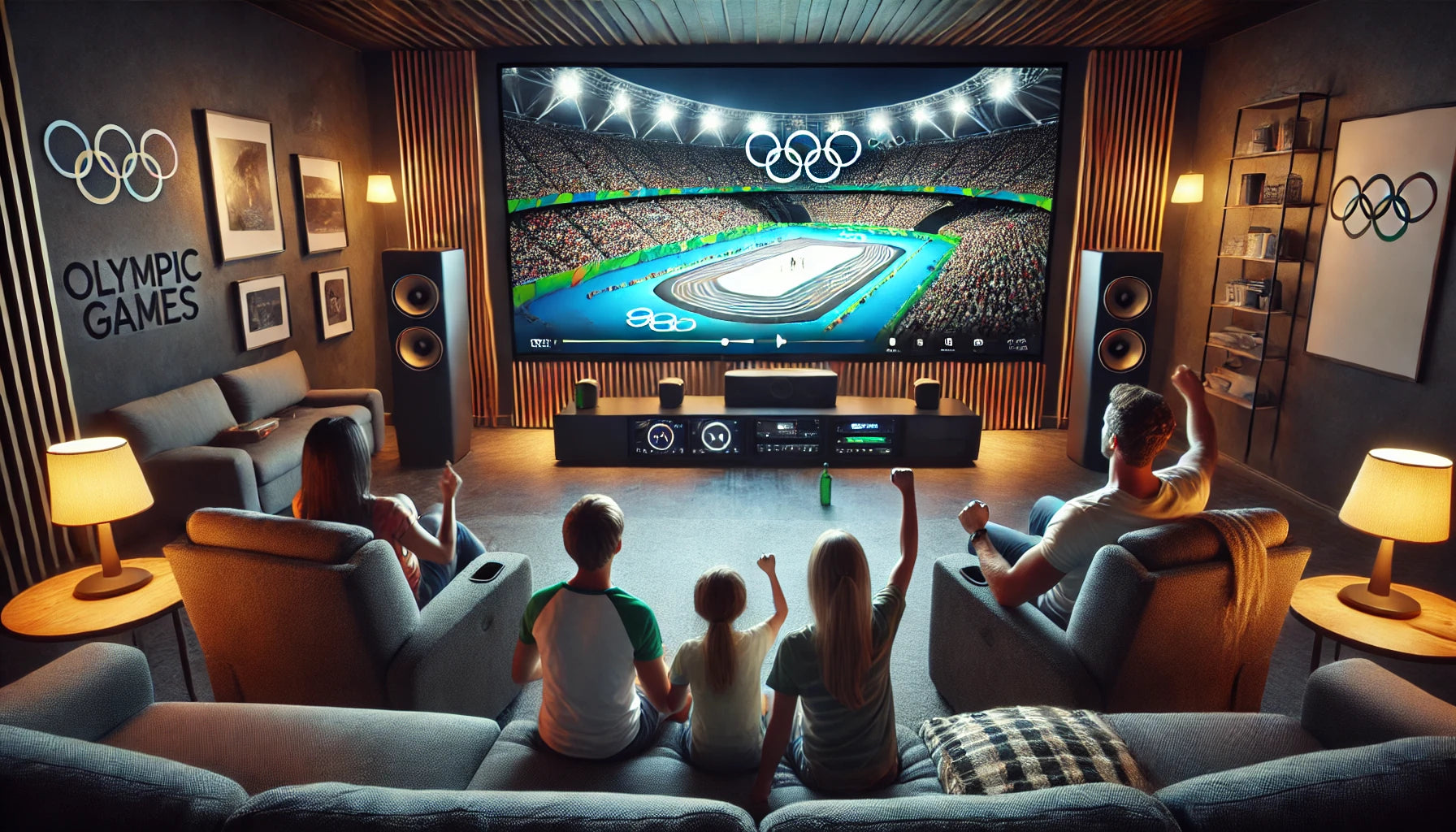 Family watching the Olympic Games in a cozy home theater.