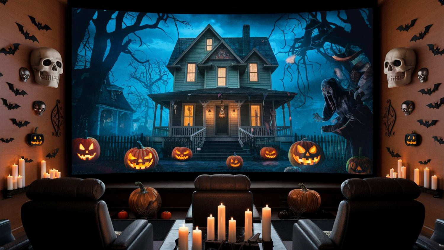 Halloween movie night setup with a spooky home theater theme, pumpkins, and dim lighting.