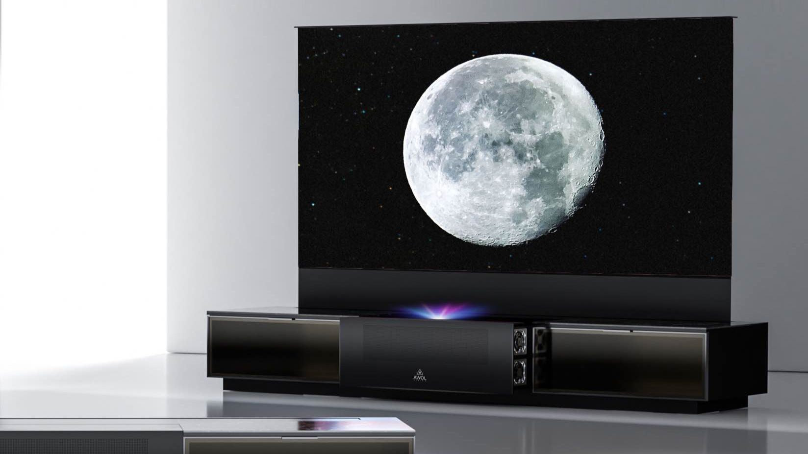 High-definition projector displaying a detailed image of the moon on a large screen.