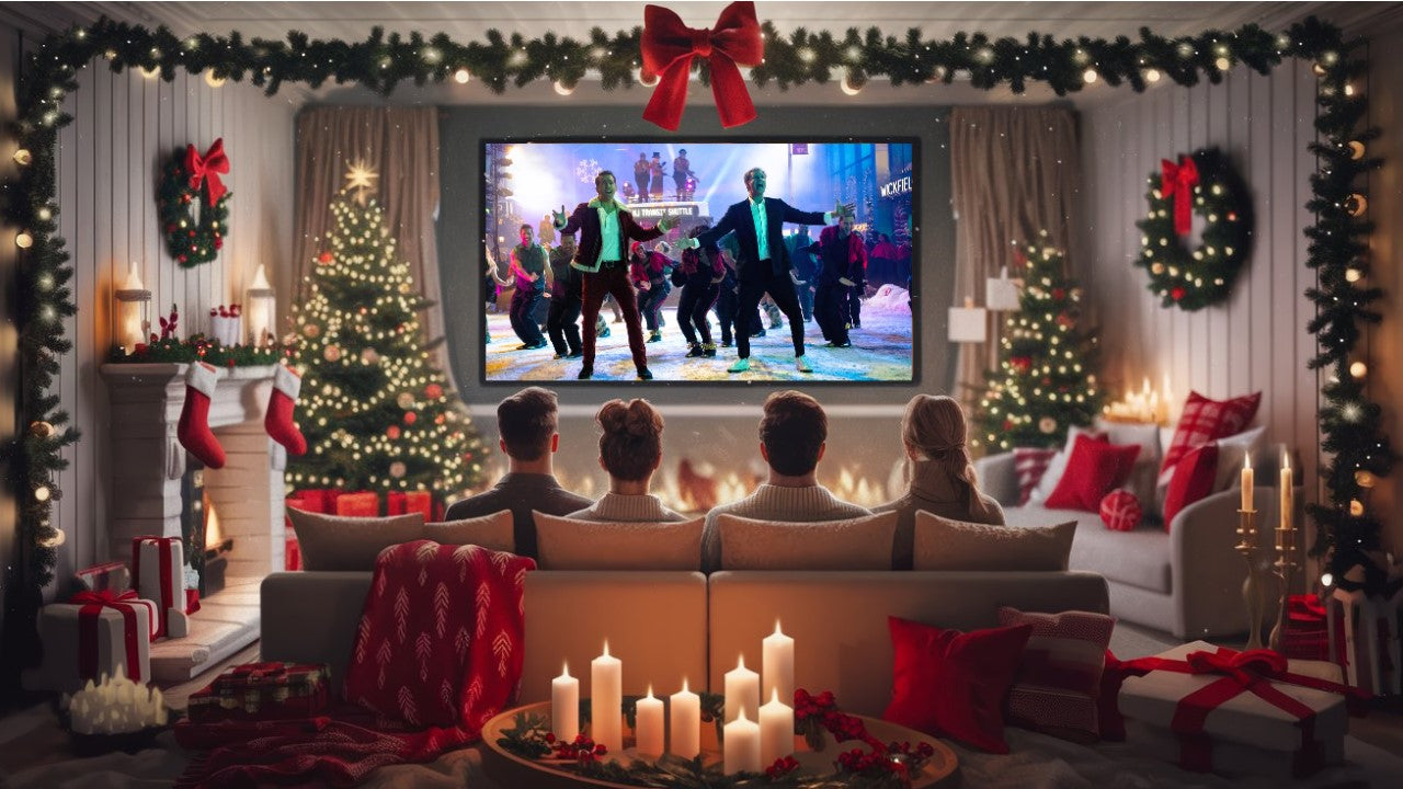 Cozy holiday movie night scene with family watching films.