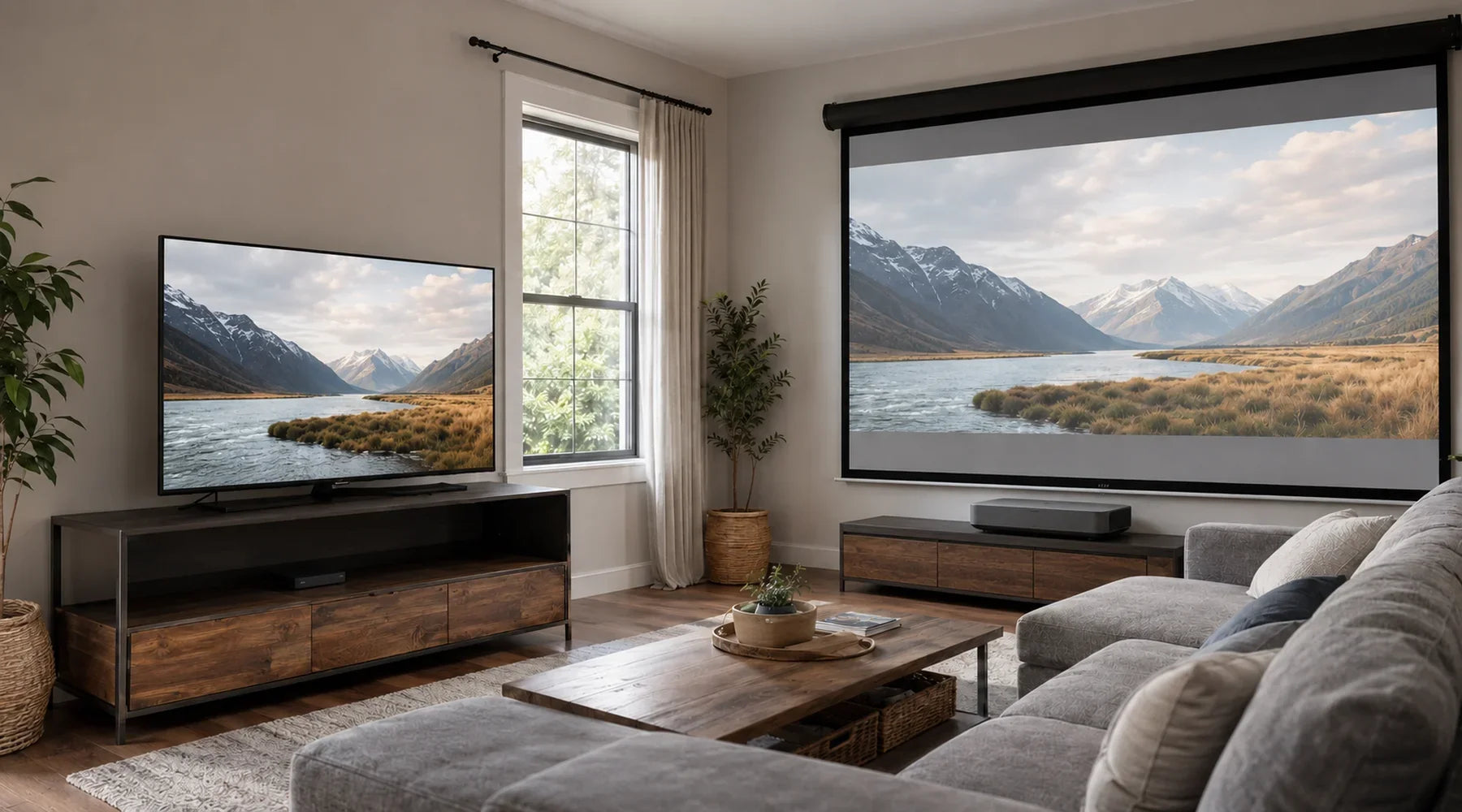 Projector displaying a TV broadcast in a home theater setup, showing how to connect a projector to a TV.