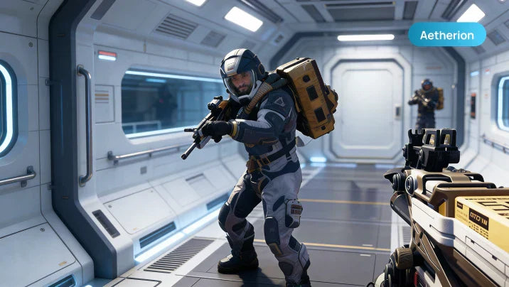 A high-definition first-person shooter gameplay screenshot displayed on an Aetherion projector, showing a detailed sci-fi character and environment with sharp clarity suitable for competitive gaming.