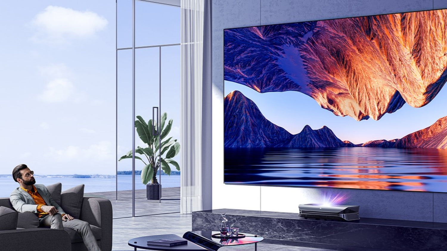 Modern home theater setup featuring a UST projector displaying vibrant colors, showcasing advanced Rec. 709 color gamut.