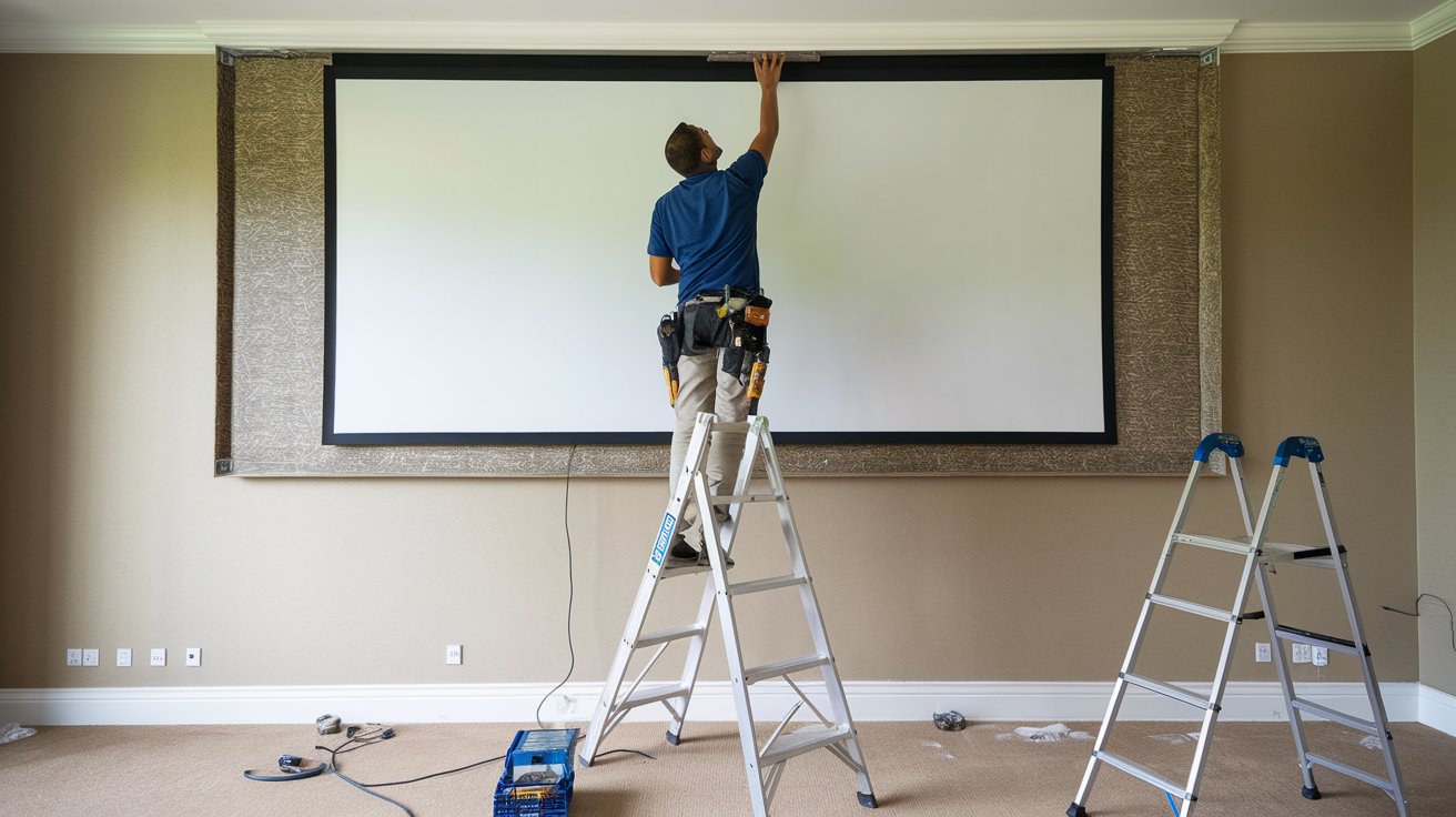 hanging projector screen on the wall