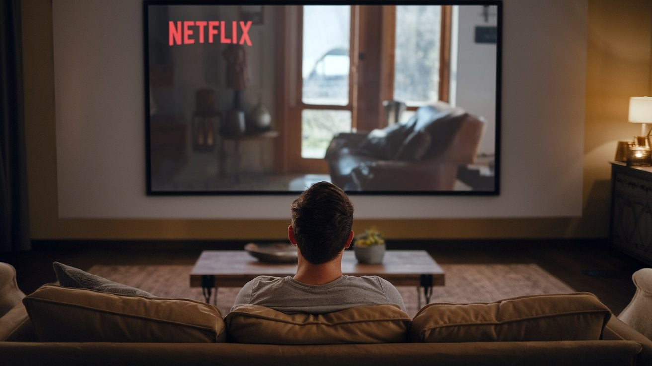 A man sits on a couch watching a large projector screen, highlighting new Netflix original content in a cozy home setting.