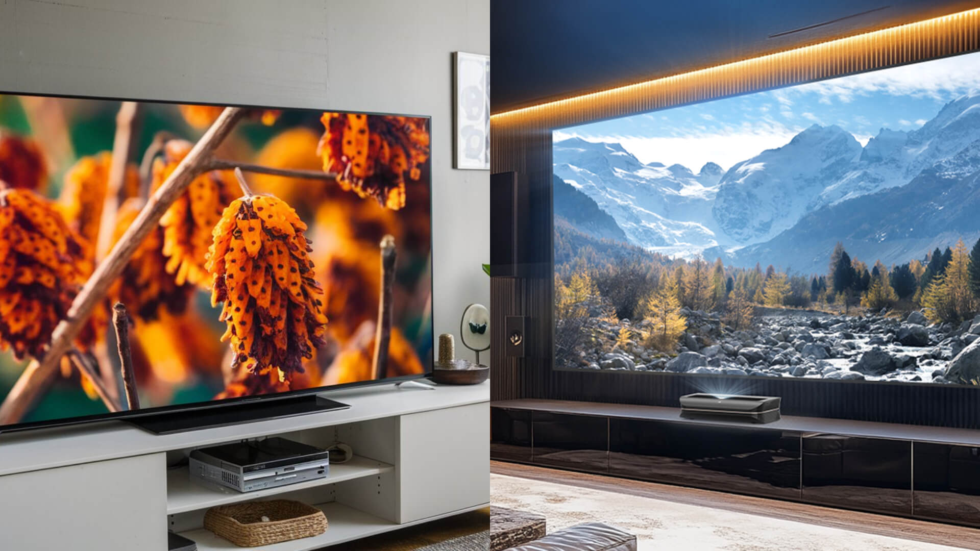 Side-by-side comparison of OLED TV and laser TV, emphasizing differences in brightness, contrast, and screen technology