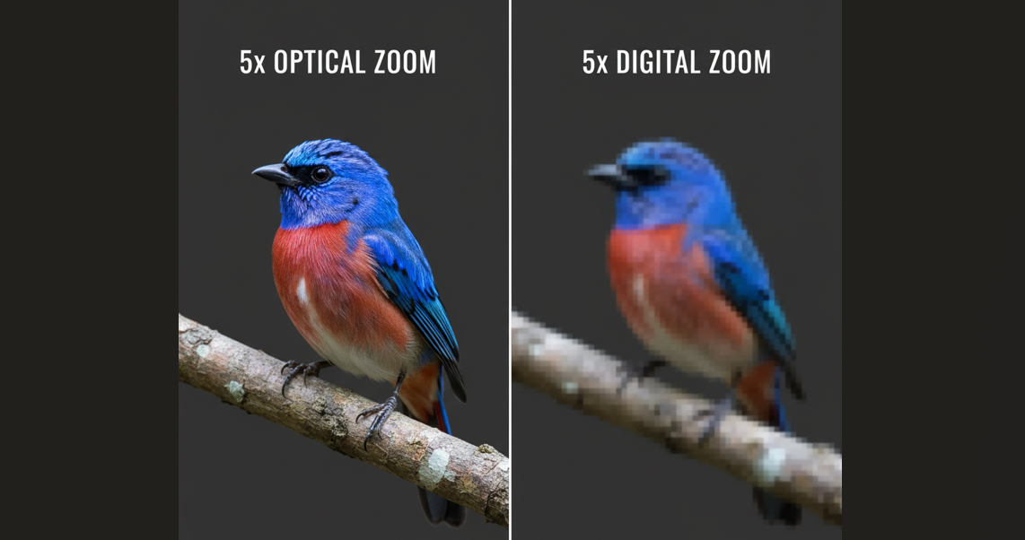 A side-by-side comparison showing a sharp, clear bird using optical zoom versus a blurry, pixelated bird using digital zoom to illustrate the quality difference.