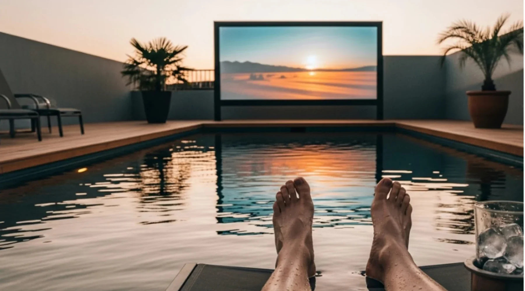Outdoor projector casting a bright backyard movie at night.