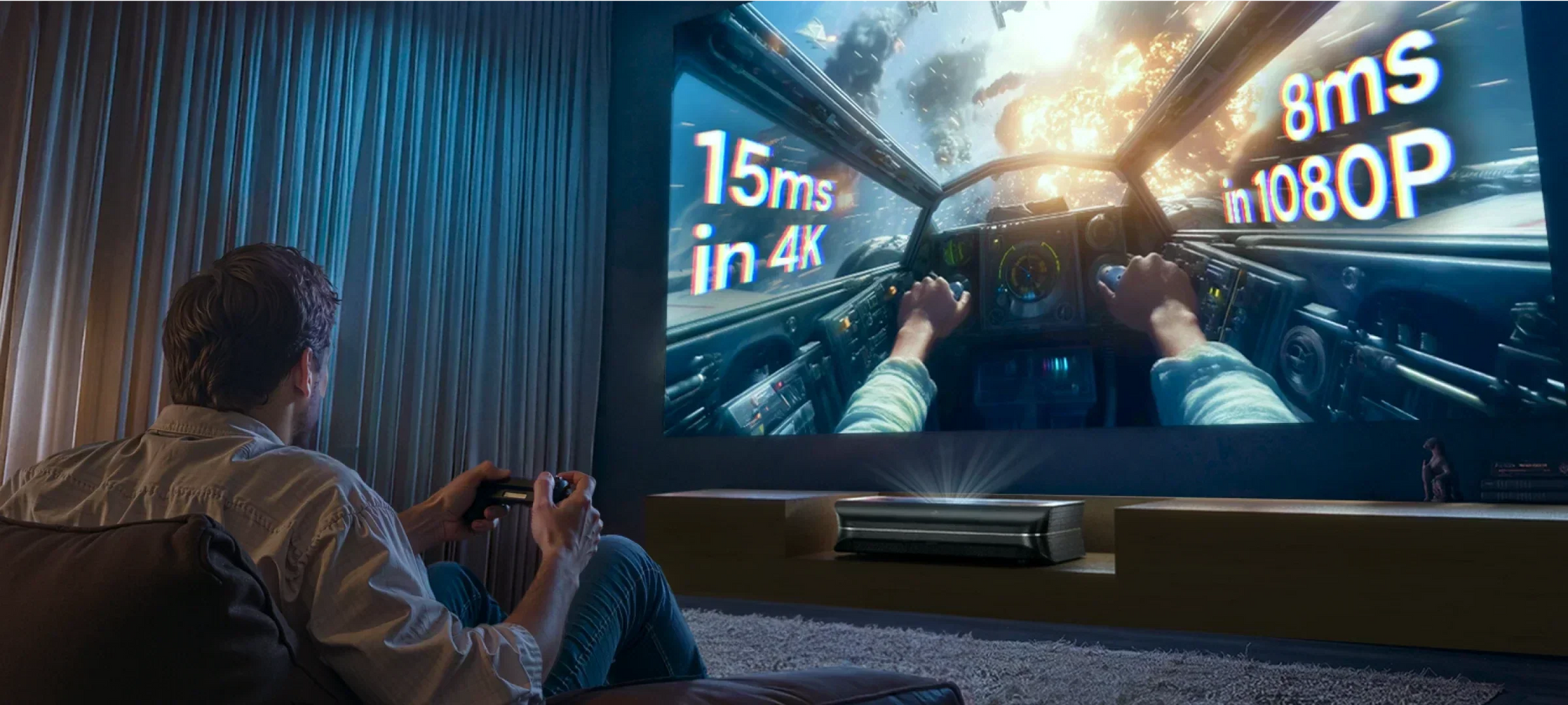 Person playing video games with a 4K ultra-short throw projector showing 15ms 4K and 8ms 1080p latency for low-lag gaming.