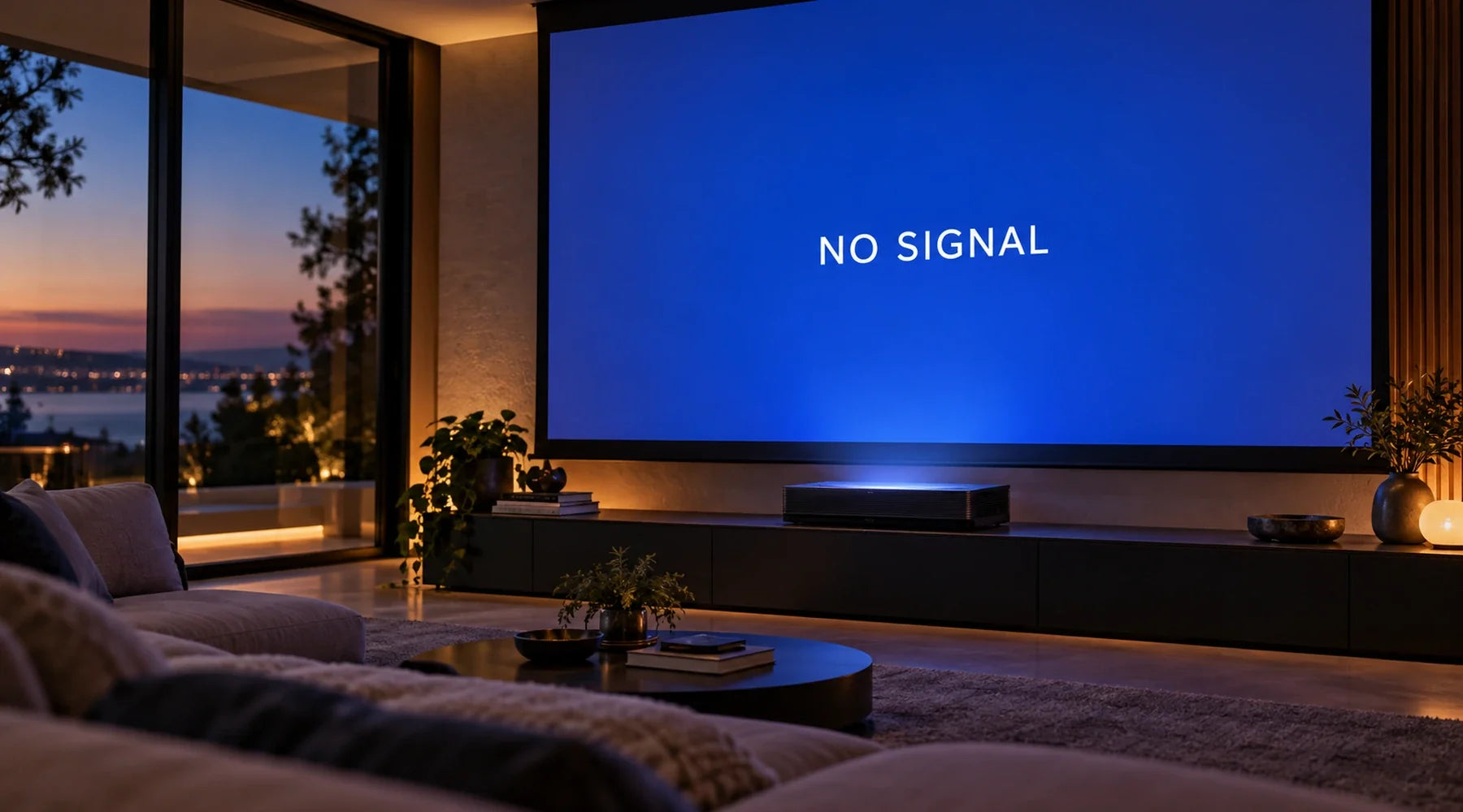 Projector displaying a No Signal message in a home theater.