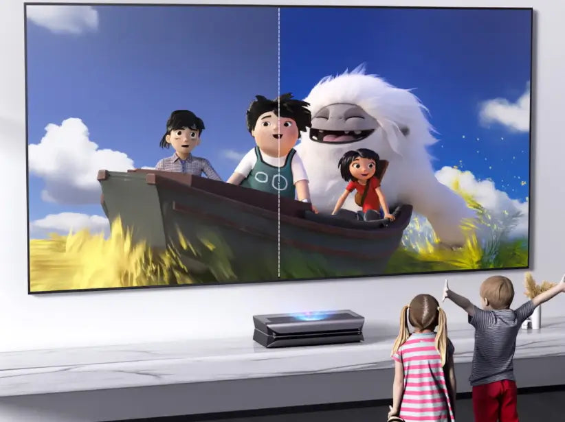Children watching a vibrant animated film on a large projector screen that showcases a side-by-side quality comparison, highlighting the immersive and eye-friendly benefits of a home cinema setup.