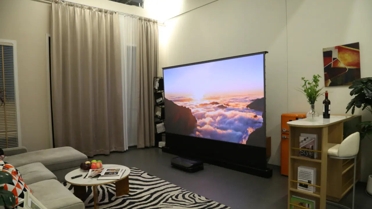 Demonstration of screen size calculation for seating distance with an ultra-short-throw projector displaying a cityscape in a cozy home theater.