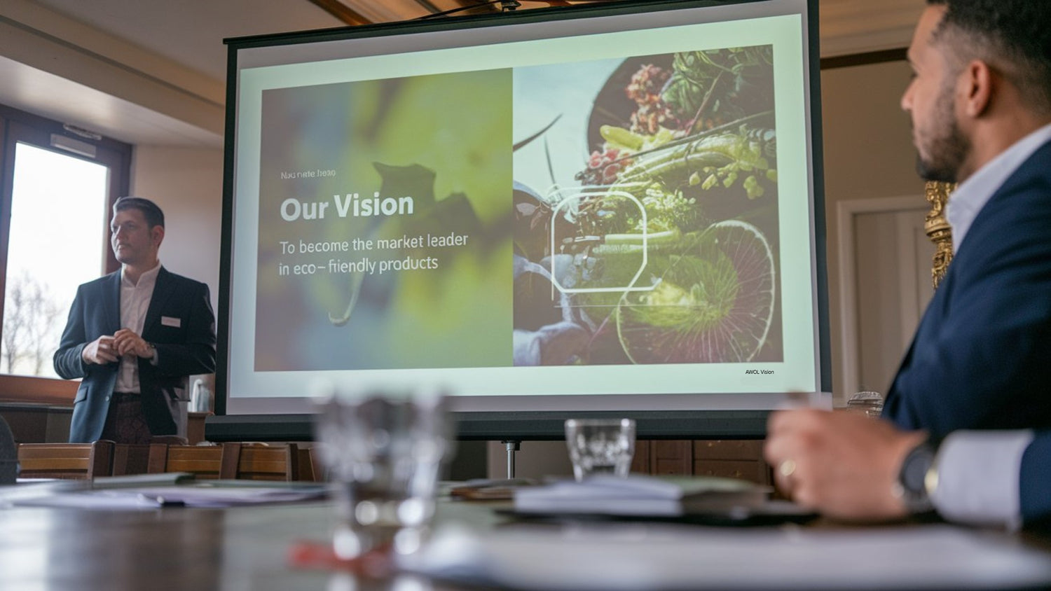 A close-up view of a projector screen displaying a business presentation