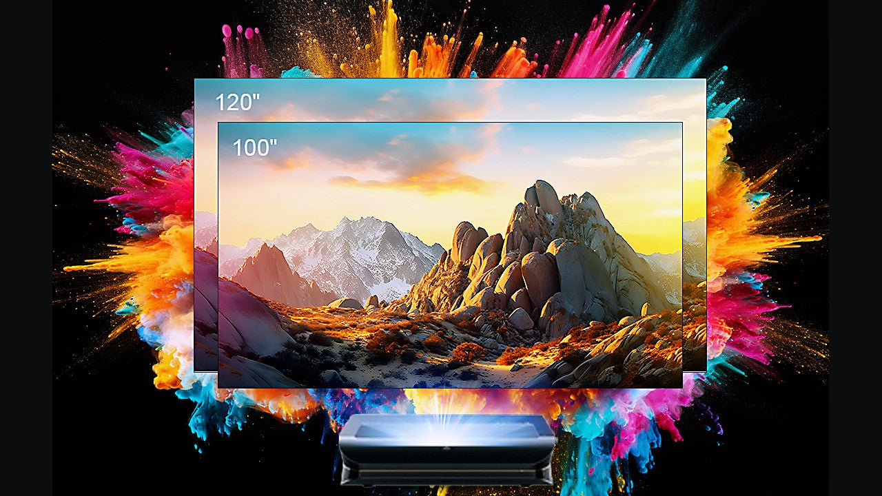 Projector displaying a 100" and 120" mountain sunset, framed by vibrant paint splashes, symbolizing sharp, clear home theater images.