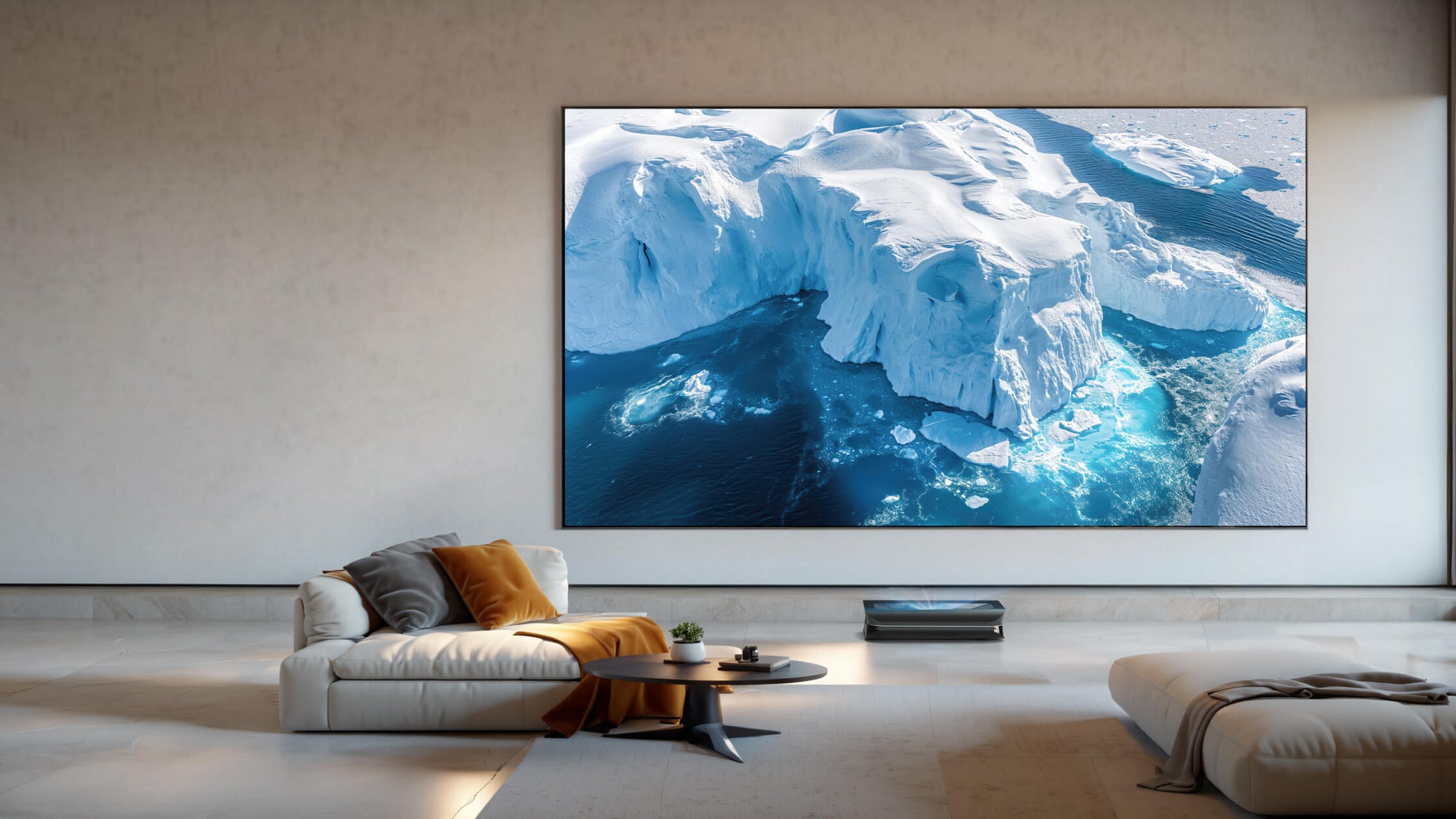 Triple laser projector displaying high-quality image in modern home theater setup