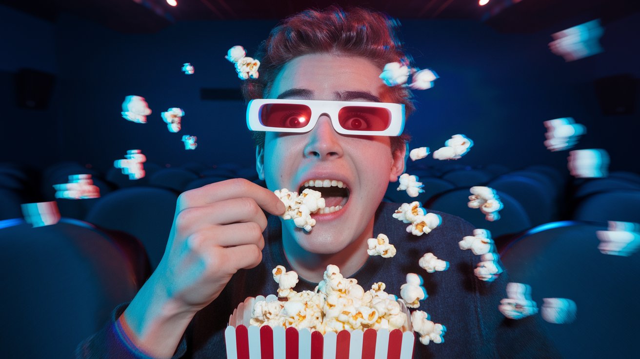 Person wearing 3D glasses, eating popcorn