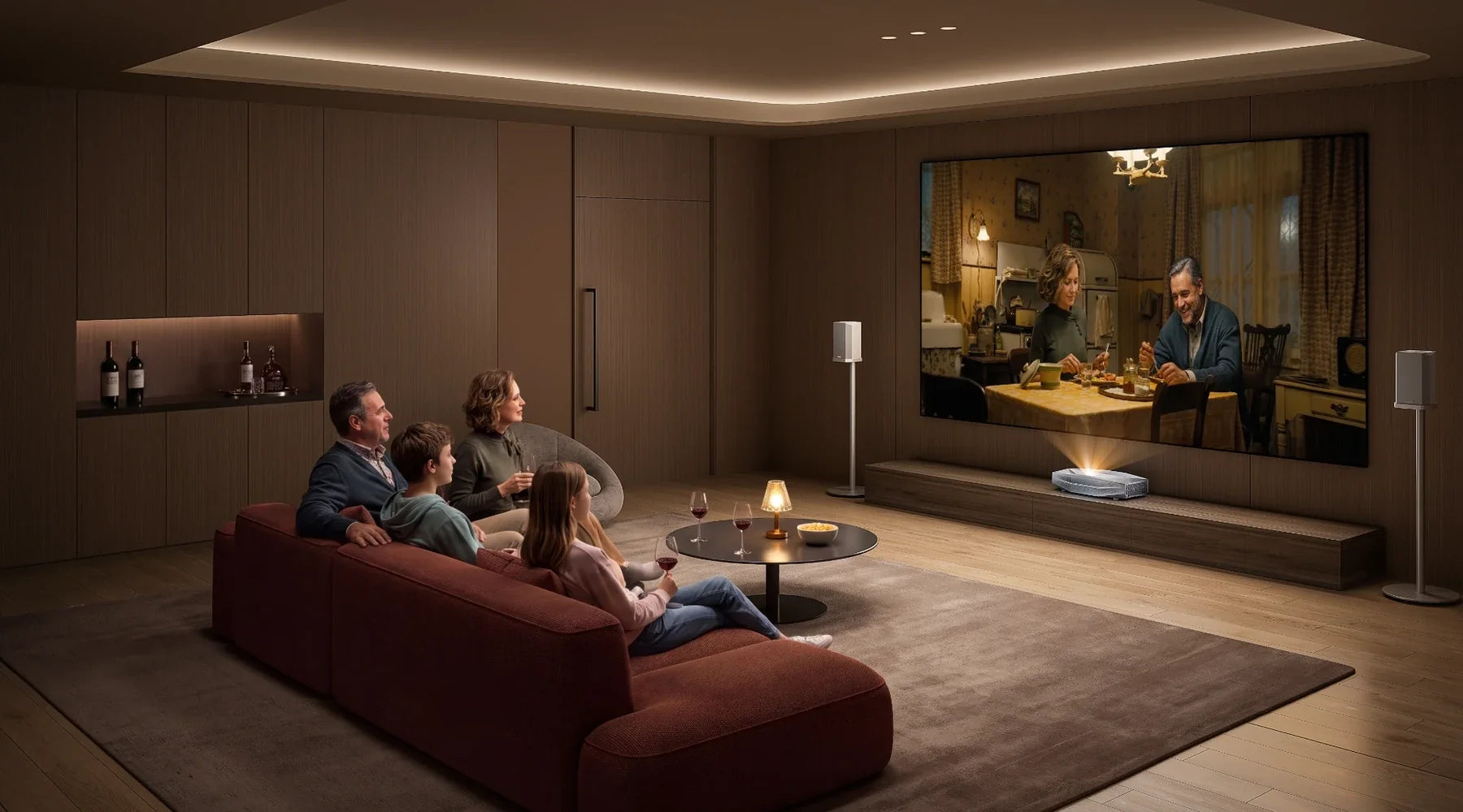Family watching a movie with a WiFi ultra short throw projector in a home theater.