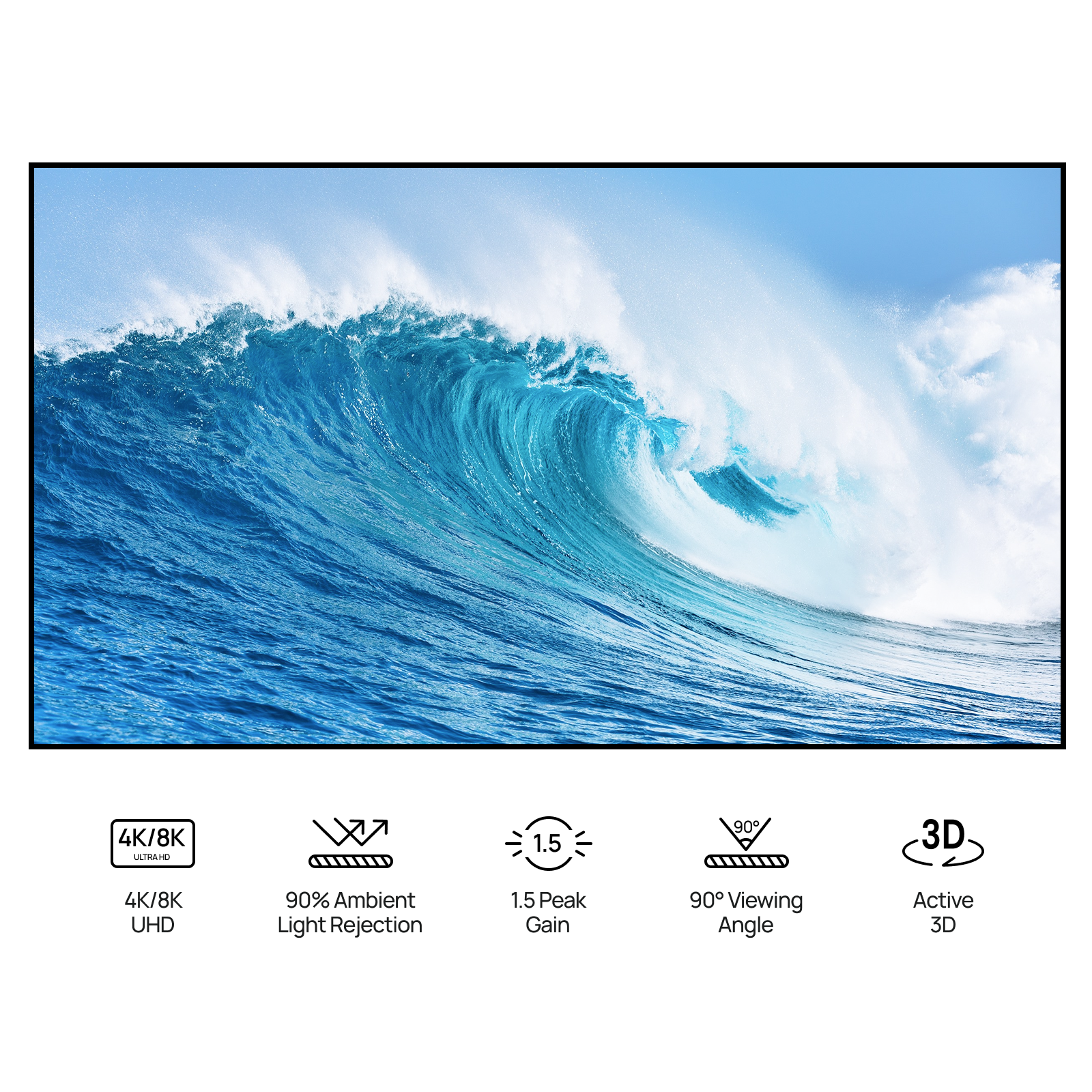 AWOL Vision New Gen 120''-150'' Daylight ALR Screen with 4K/8K support, 90% ambient light rejection, 1.5 peak gain, and 90° viewing angle.