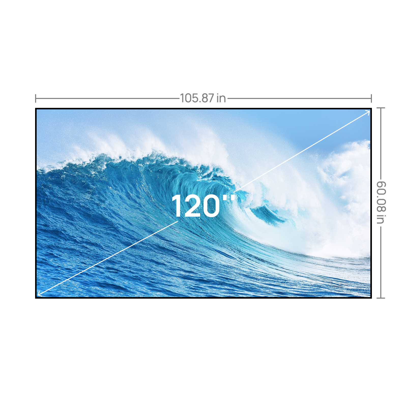 120-inch AWOL Vision New Gen Daylight ALR Screen size guide with dimensions for compact UST projector home theater setups.