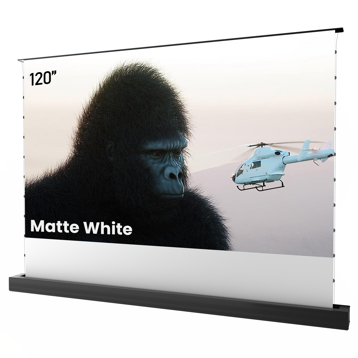 100-inch AWOL Vision Matte White Floor Rising Screen projects sharp details of a gorilla and helicopter with absolute clarity.