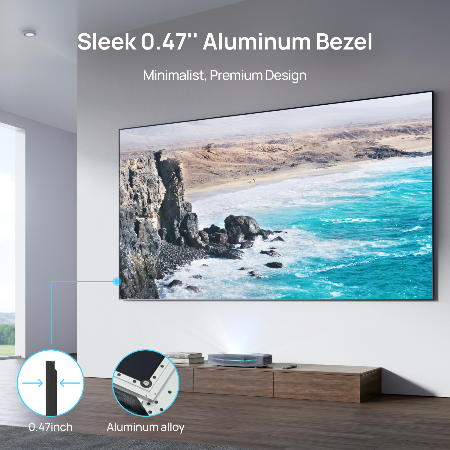 AWOL Vision New Gen 120''-150'' Daylight ALR Screen with a sleek 0.47-inch aluminum bezel and premium wall-mounted home theater design.