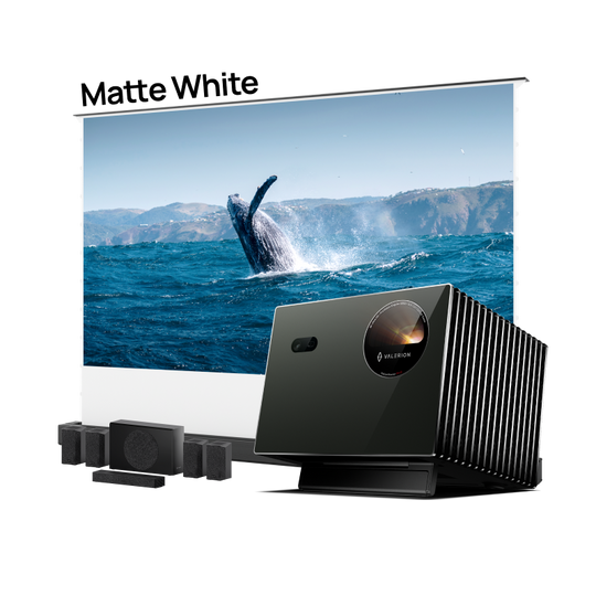 Long-Throw Projector Valerion Pro2 + AWOL Floor Rising Matte White Screen + Valerion ThunderBeat 5.1.2 Bundle