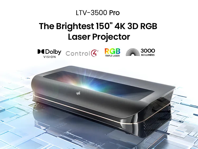 Showcasing the AWOL Vision LTV-3500 Pro, a high-performance 4K UST laser projector with 3500 lumens, ideal for delivering stunning visual experiences in any home theater setting.