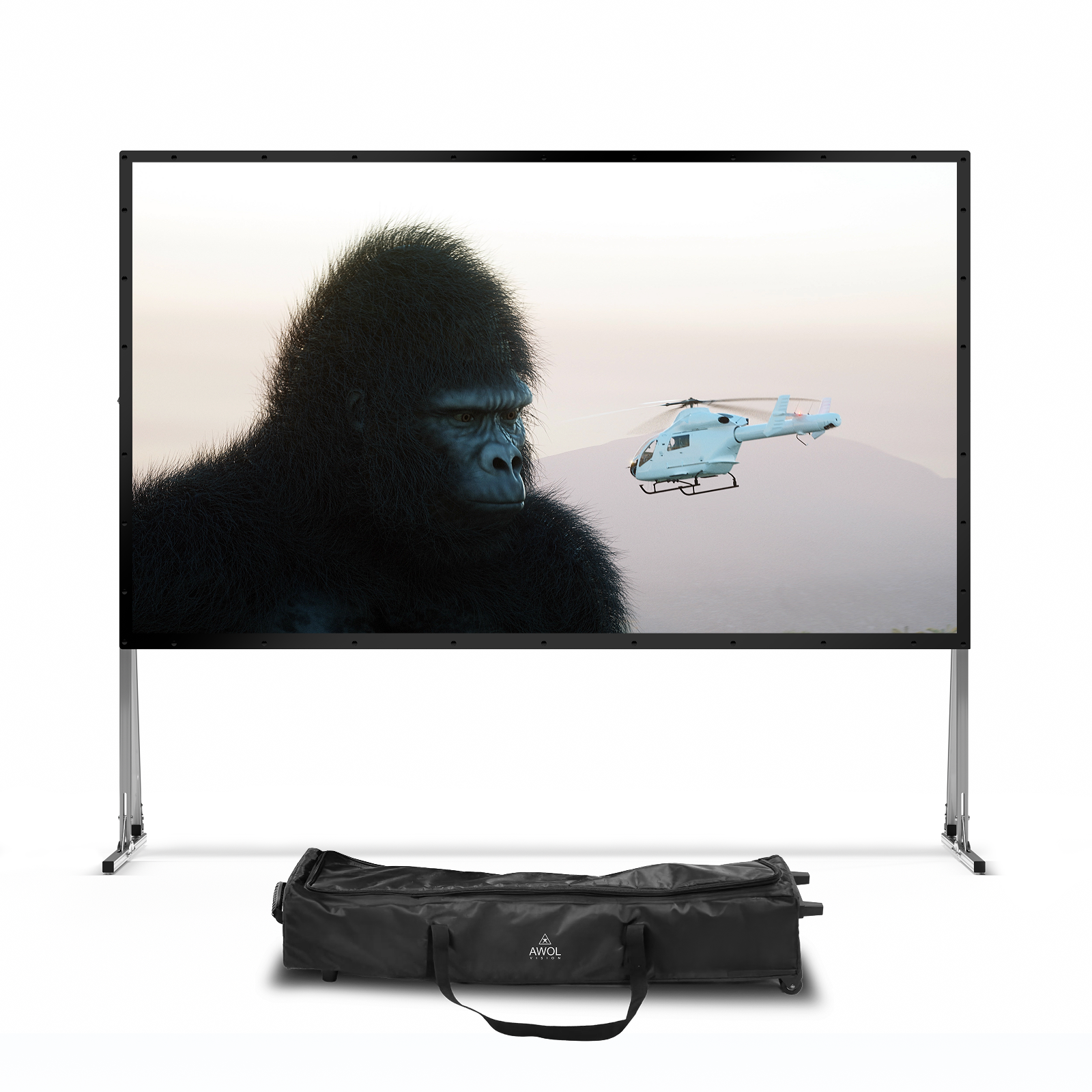 AWOL Vision outdoor portable fold matte white screen front view with carrying bag for portable storage and transport.