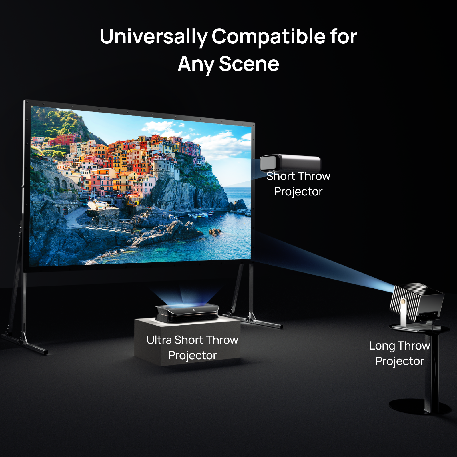 AWOL Vision outdoor portable fold matte white screen with universal compatibility for ultra short throw, short throw, and long throw projectors.
