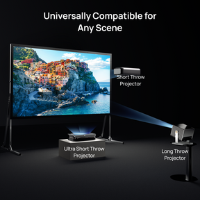 AWOL Vision outdoor portable fold matte white screen with universal compatibility for ultra short throw, short throw, and long throw projectors.