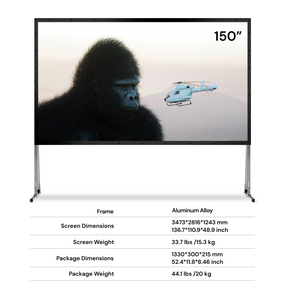 AWOL Vision 150-inch outdoor portable fold matte white screen specification chart with aluminum alloy frame, screen dimensions, and package details.