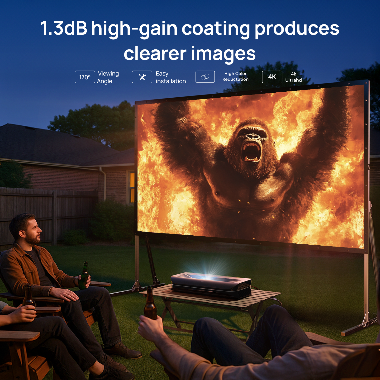 AWOL Vision outdoor portable fold matte white screen in a backyard movie night setup with 1.3dB high-gain coating.