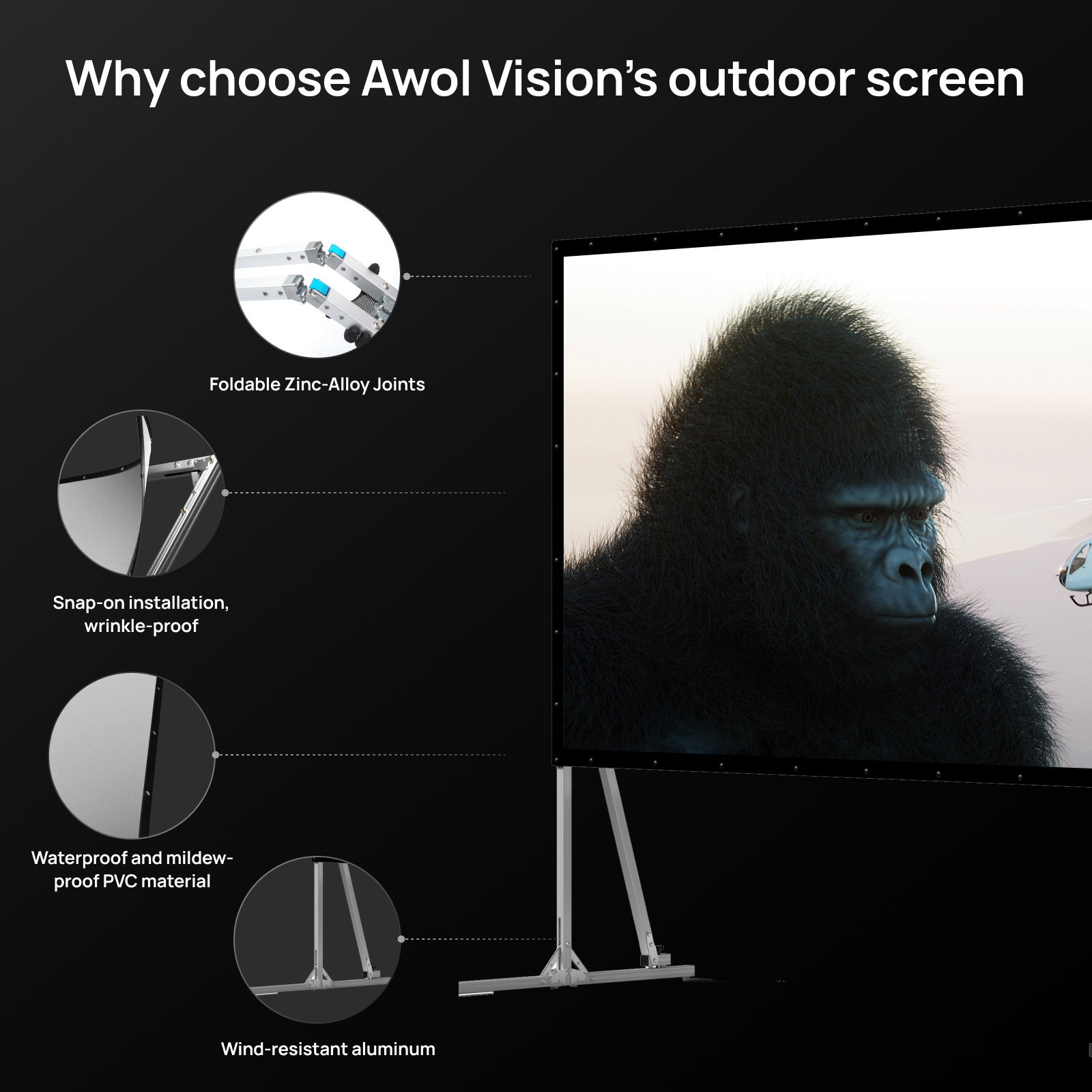 AWOL Vision outdoor portable fold matte white screen feature overview with foldable zinc-alloy joints, waterproof PVC, and aluminum support frame.