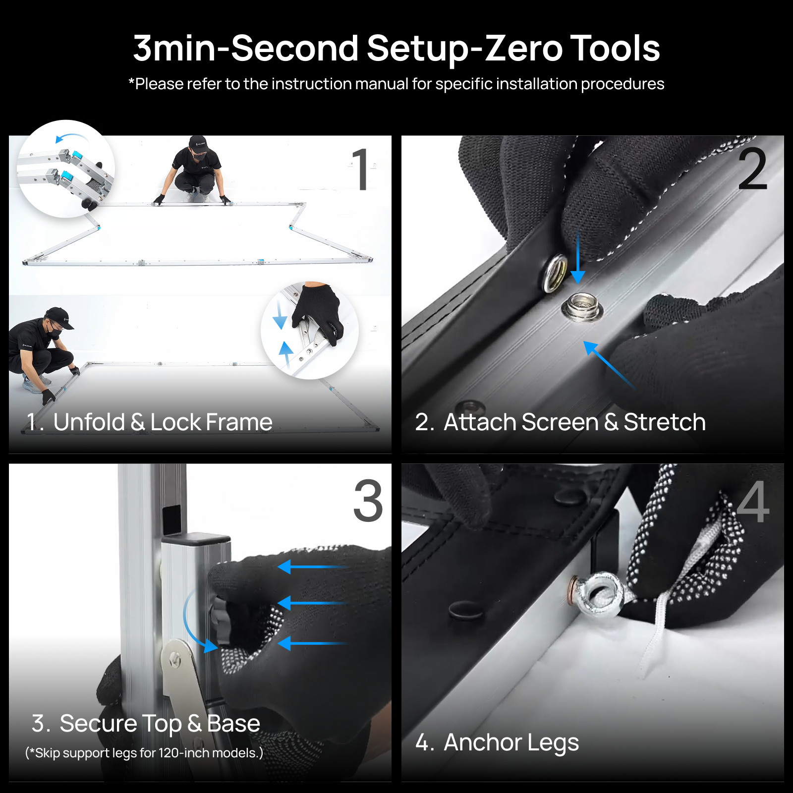 AWOL Vision outdoor portable fold matte white screen 3-minute no-tools setup showing frame unfolding, screen attachment, base locking, and leg anchoring.