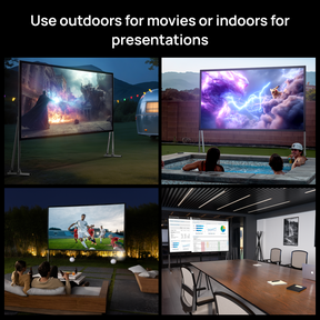 AWOL Vision outdoor portable fold matte white screen for backyard movies, poolside viewing, outdoor sports, and indoor presentations.