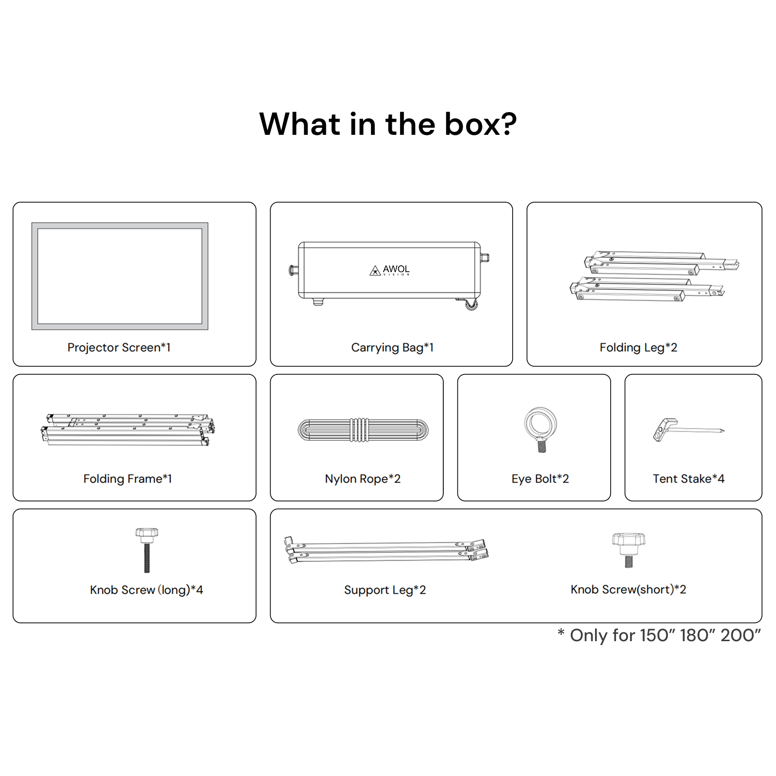 AWOL Vision outdoor portable fold matte white screen box contents including screen, carrying bag, folding frame, legs, ropes, bolts, stakes, and screws.