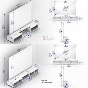 Detailed dimensions of AWOL Vision Laser TV with 100-inch and 120-inch motorized screens, in inches for room planning.