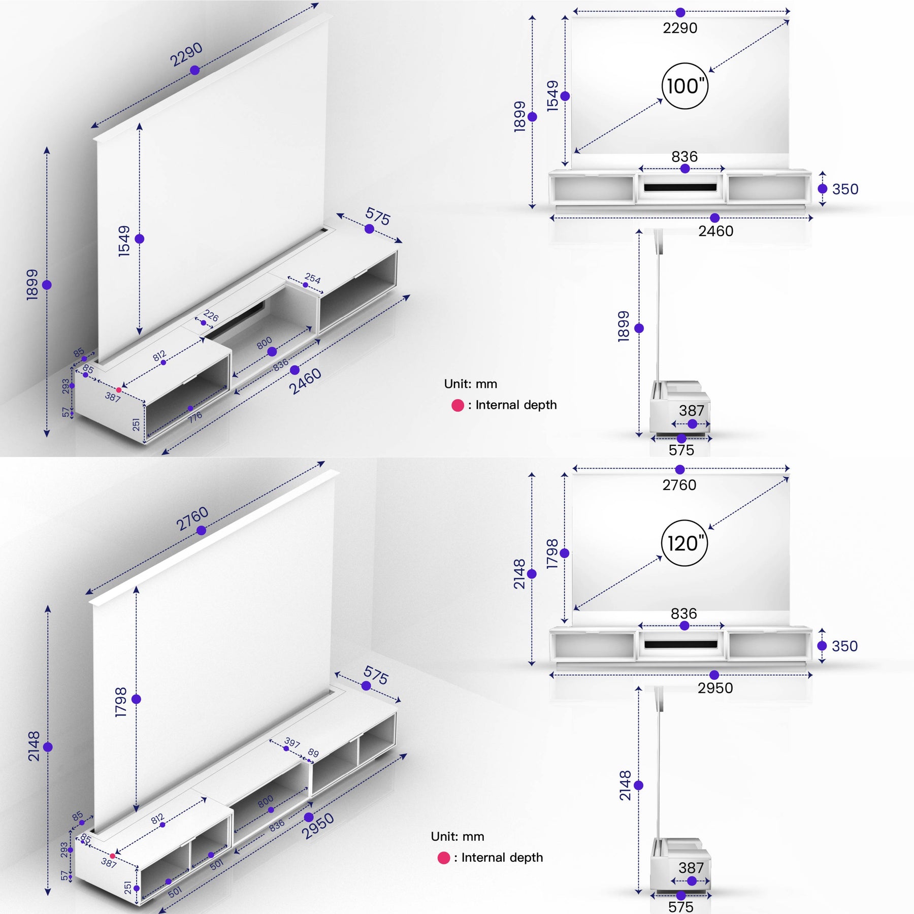 Diagram of AWOL Vision Laser TV with 100-inch and 120-inch screens, showing millimeter measurements for installation and space management.