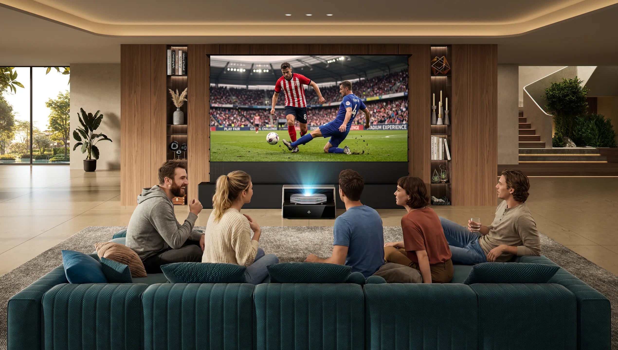 Group watching a soccer game on a large projector screen in a modern AWOL Vision living room cinema.